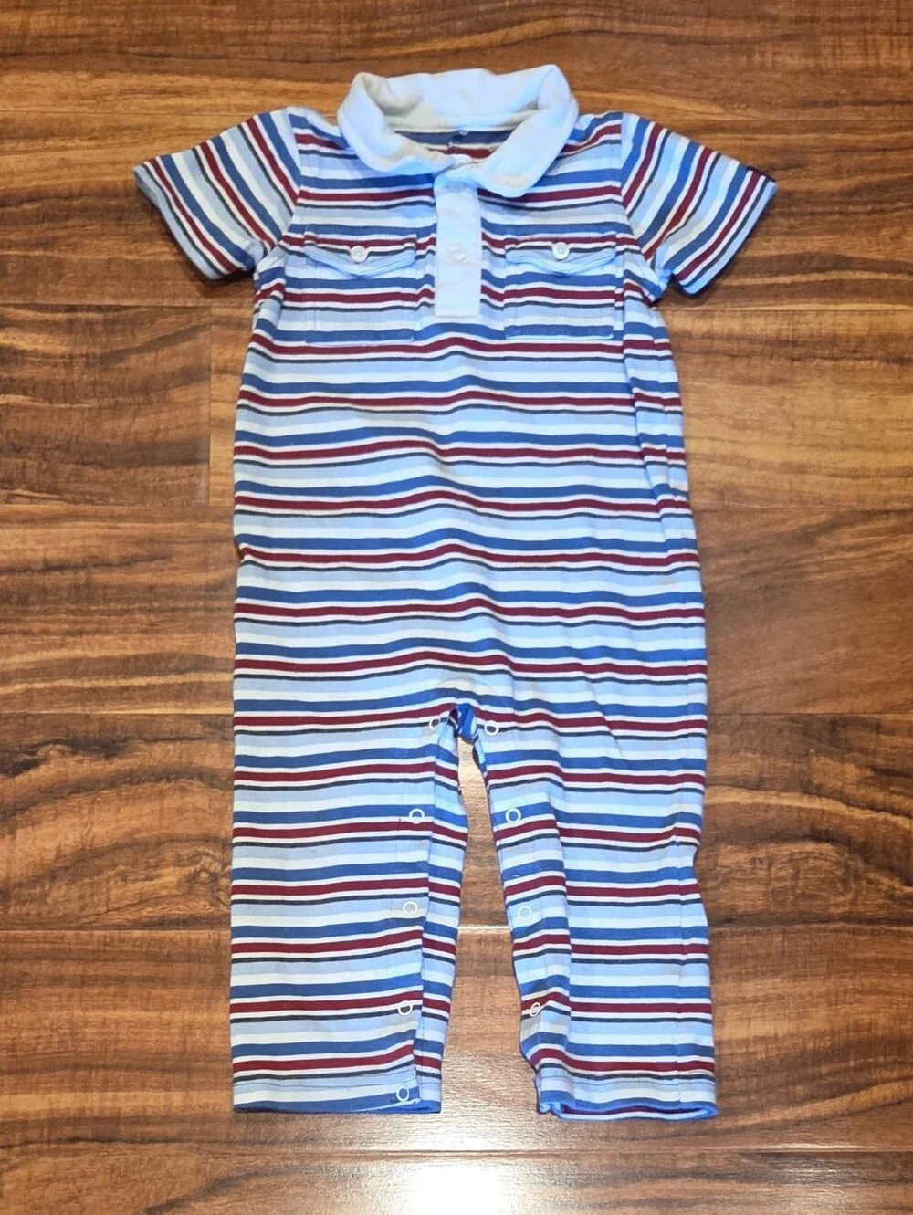 Gymboree EUC 18-24 Months Blue/Red Striped Polo One-Piece Romper
